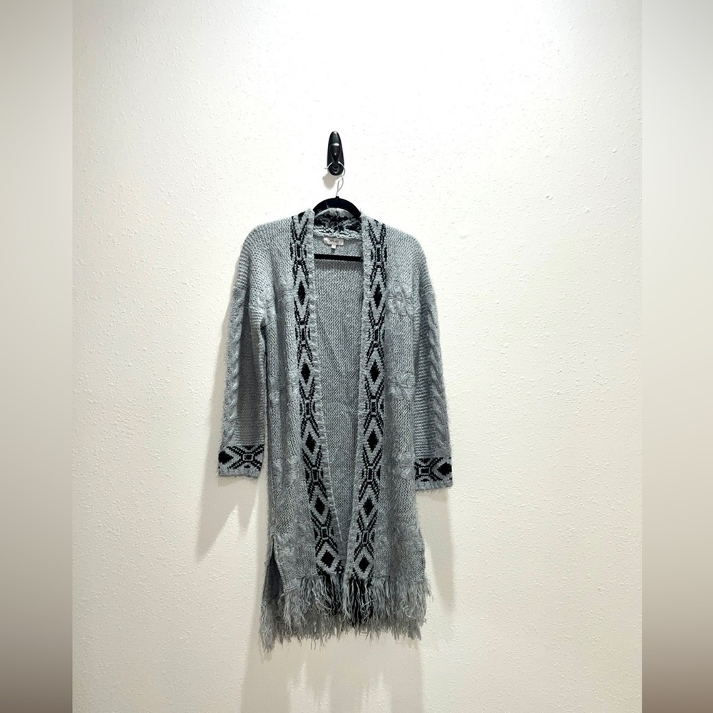 Tribal Aztec Print Grey and black Open Front Fringe Cardigan